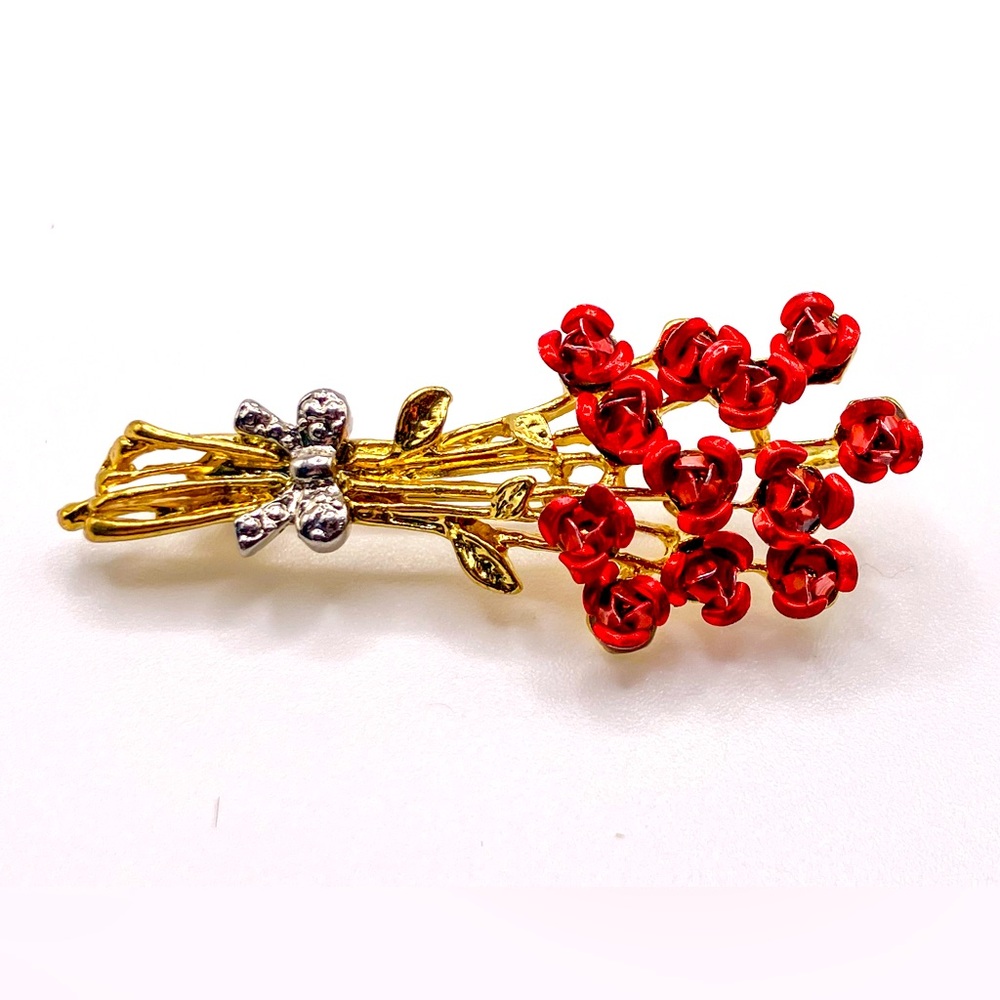 Vintage DM 97 Red Roses Bouquet Brooch Pin Gold Tone